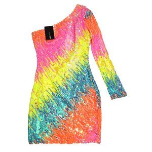 NWT One-Shoulder Neon Sequin Mini Dress By Fashion Nova